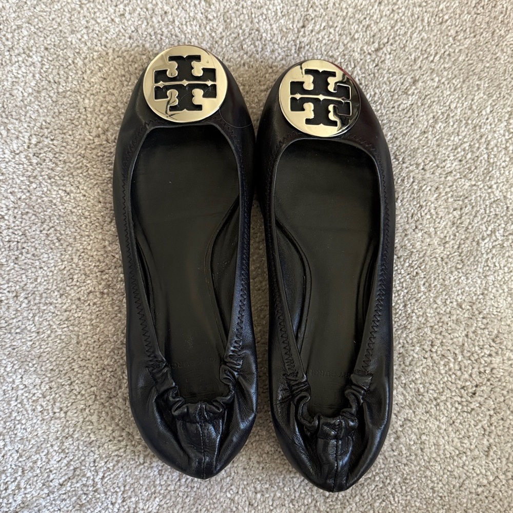Tory Burch Black Classic Reva Ballet Flats with Silver Logo